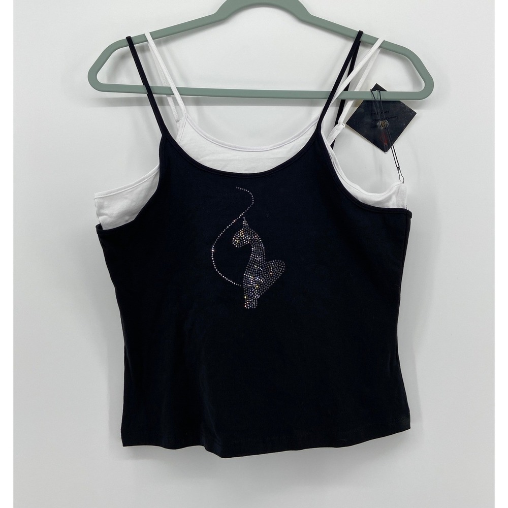 Baby Phat Womens Rhinestone Cat Logo Layered Cami Tank Top Black White L 611271